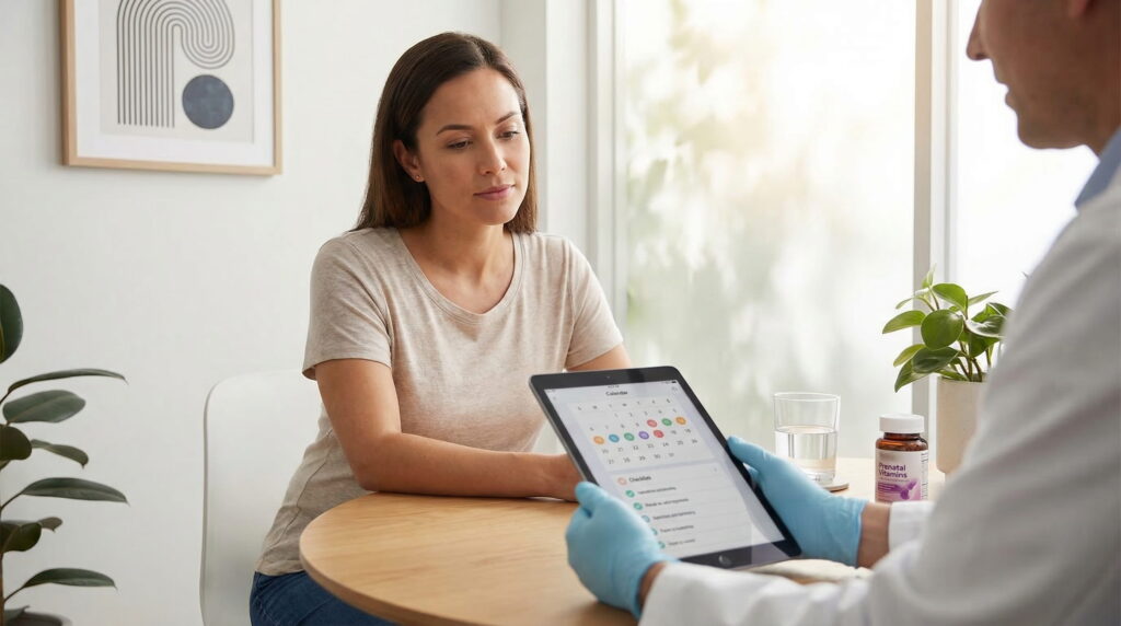 O femeie ascultă cu atenție explicațiile unui medic într-o clinică, în timp ce acesta îi arată un program pe o tabletă, ca parte a sfaturilor înainte de embriotransfer.