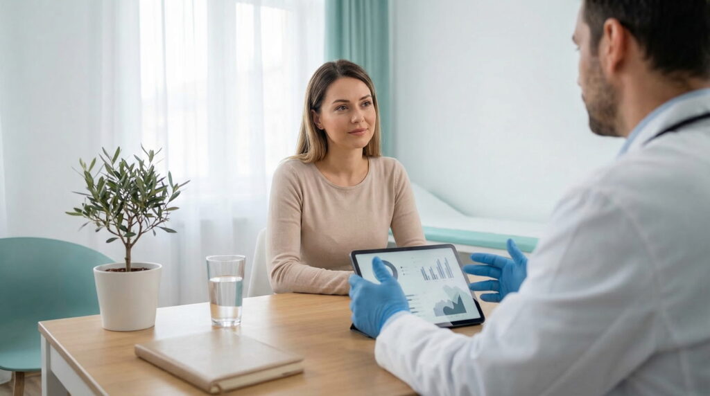 O pacientă într-un cabinet medical luminos ascultă atent un medic, văzut din spate, care poartă mănuși albastre și îi arată grafice și statistici pe o tabletă.