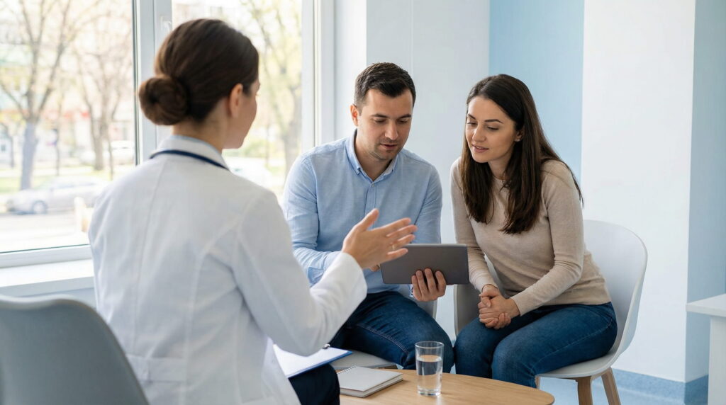 O imagine dintr-o clinică de fertilitate modernă, unde un medic, văzut din spate, prezintă informații pe o tabletă unui cuplu tânăr așezat în fața sa. Această scenă ilustrează o consultație în care se discută întrebări precum "câte ovocite se colectează într-un ciclu FIV".