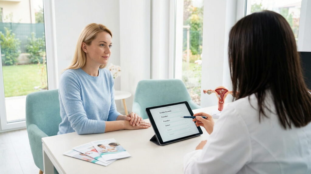 Consult medical într-o clinică modernă, unde un medic îi prezintă unei paciente, pe o tabletă, o listă de întrebări frecvente legate de ce influențează rata de reușită FIV.