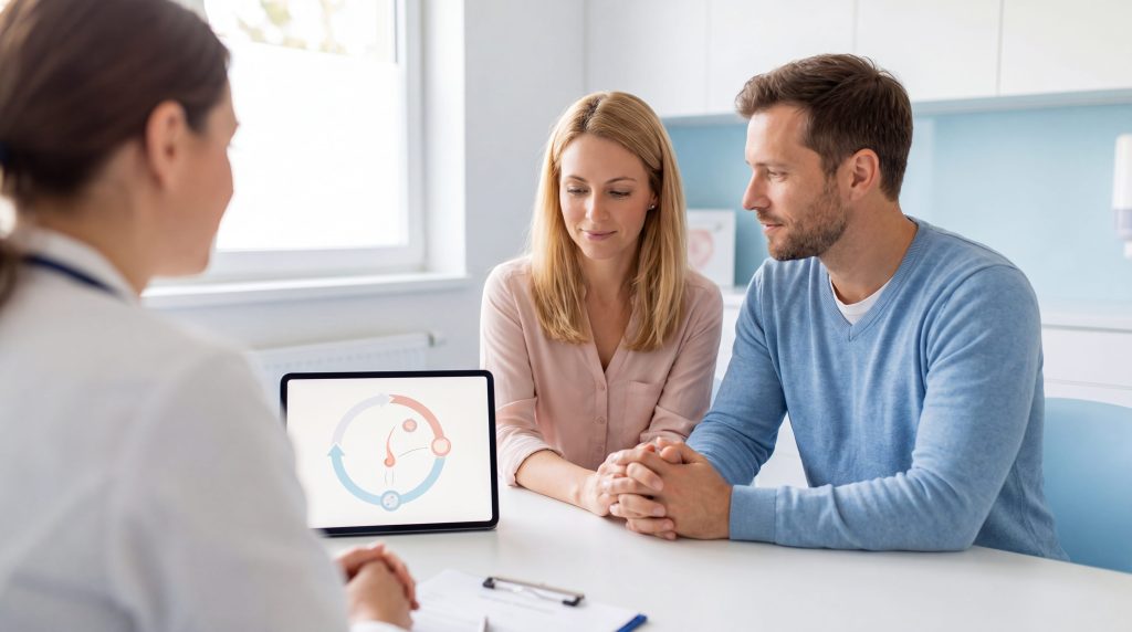 Cuplu la o consultatie medicala despre ovare polichistice, privind o diagrama pe o tableta intr-o clinica de fertilitate.