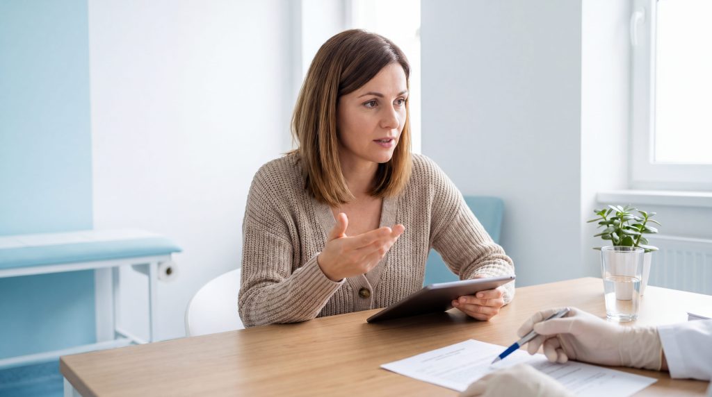 Femeie în timpul unei consultații medicale, discutând despre simptome de menstruație în prima lună de sarcină, cu un medic care îi explică pe un document.