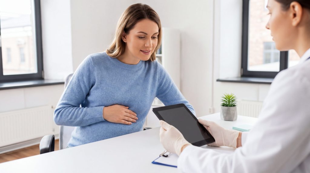 O femeie însărcinată zâmbind în timpul unei consultații medicale, unde medicul îi prezintă informații pe o tabletă, ilustrând discuția despre durerile de ovare în sarcină.