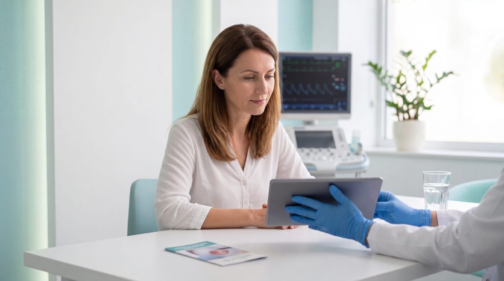 O pacientă într-un cabinet medical, privind la o tabletă ținută de mâinile unui medic în mănuși albastre, în timpul unei consultații despre aderențe pelvine.